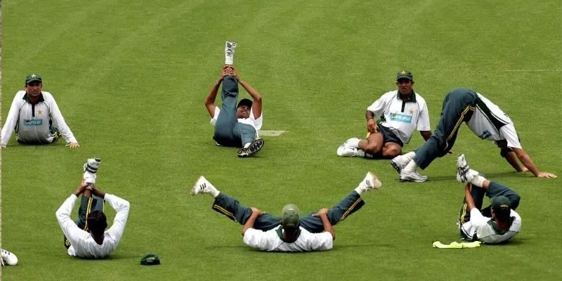The squad warming up before the first tour fixture